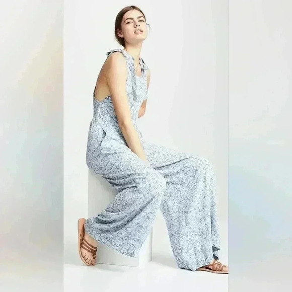Free People Sugar Sands Wide Leg Jumpsuit BOHO Blue White Size XS Women's - Picture 14 of 15